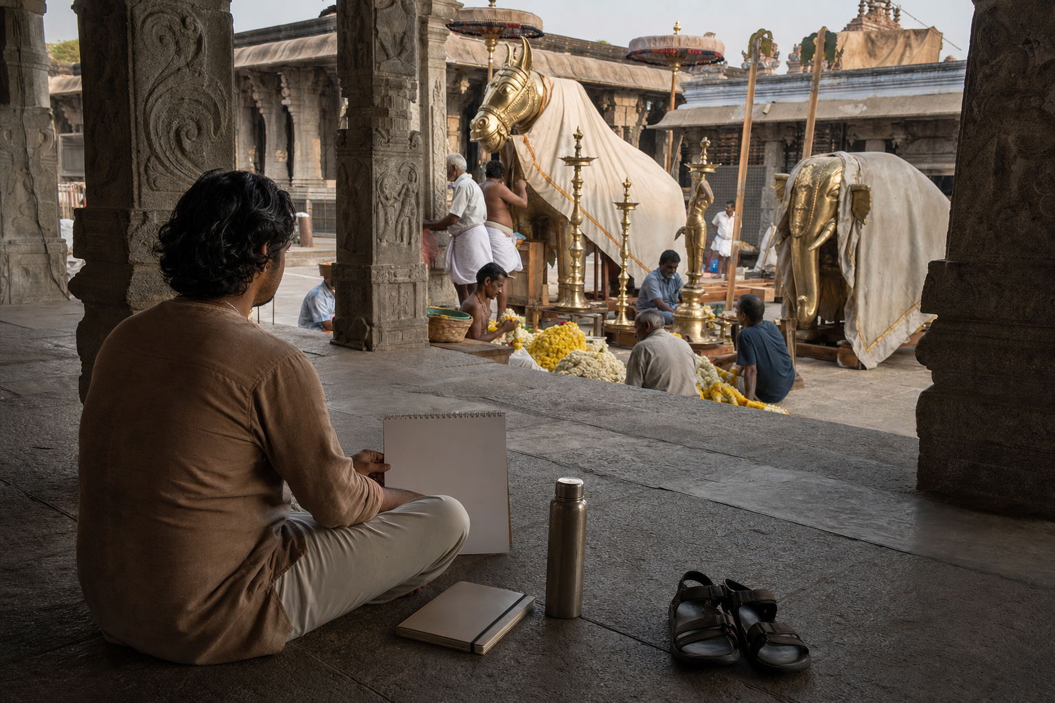 A traveler plans beside blank calendar pages while temple workers prepare garlands, lamps, parasols, and covered ceremonial vehicles.
