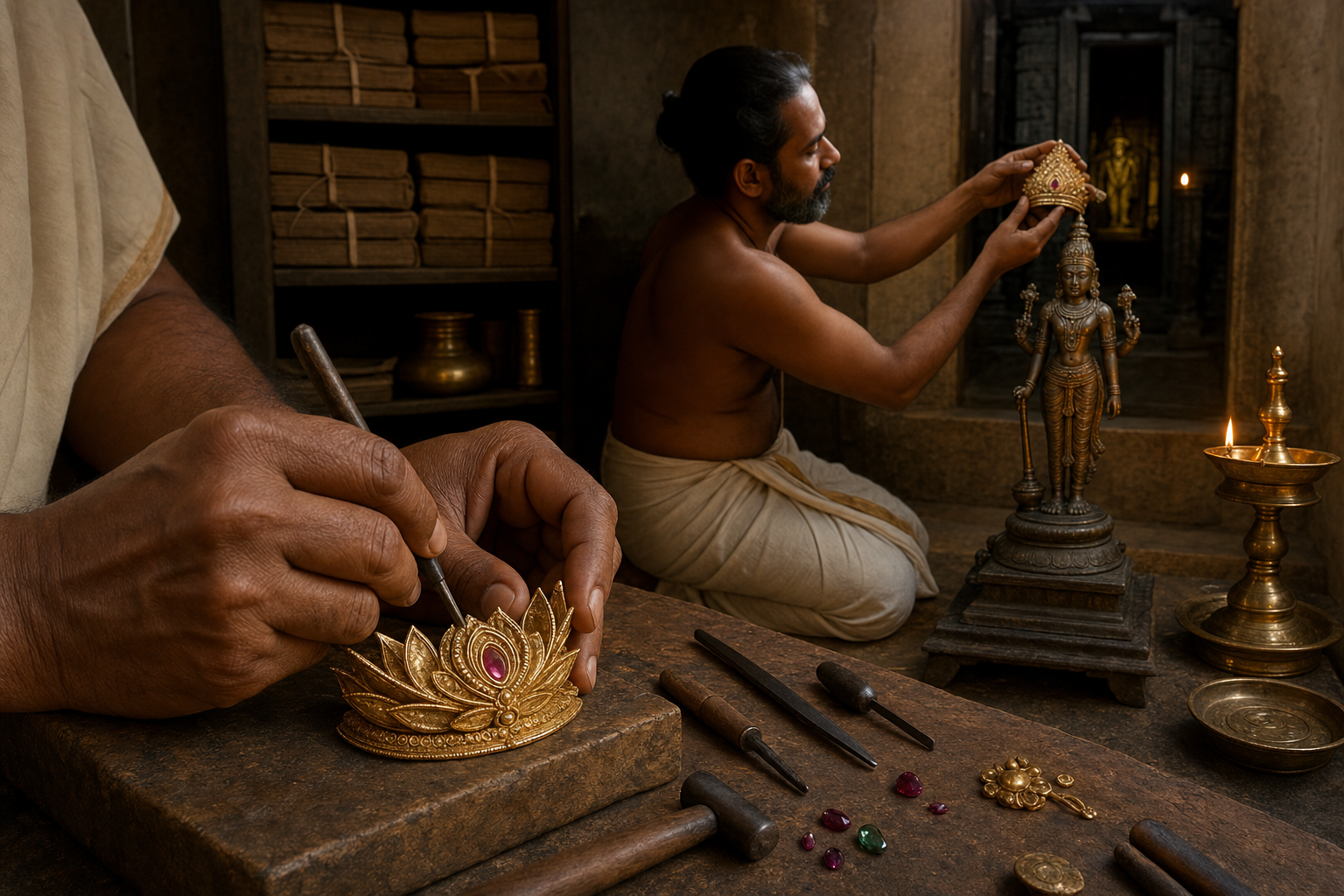 A goldsmith shapes a lotus-form crown jewel while a temple attendant fits a finished crown onto a small bronze processional murti.