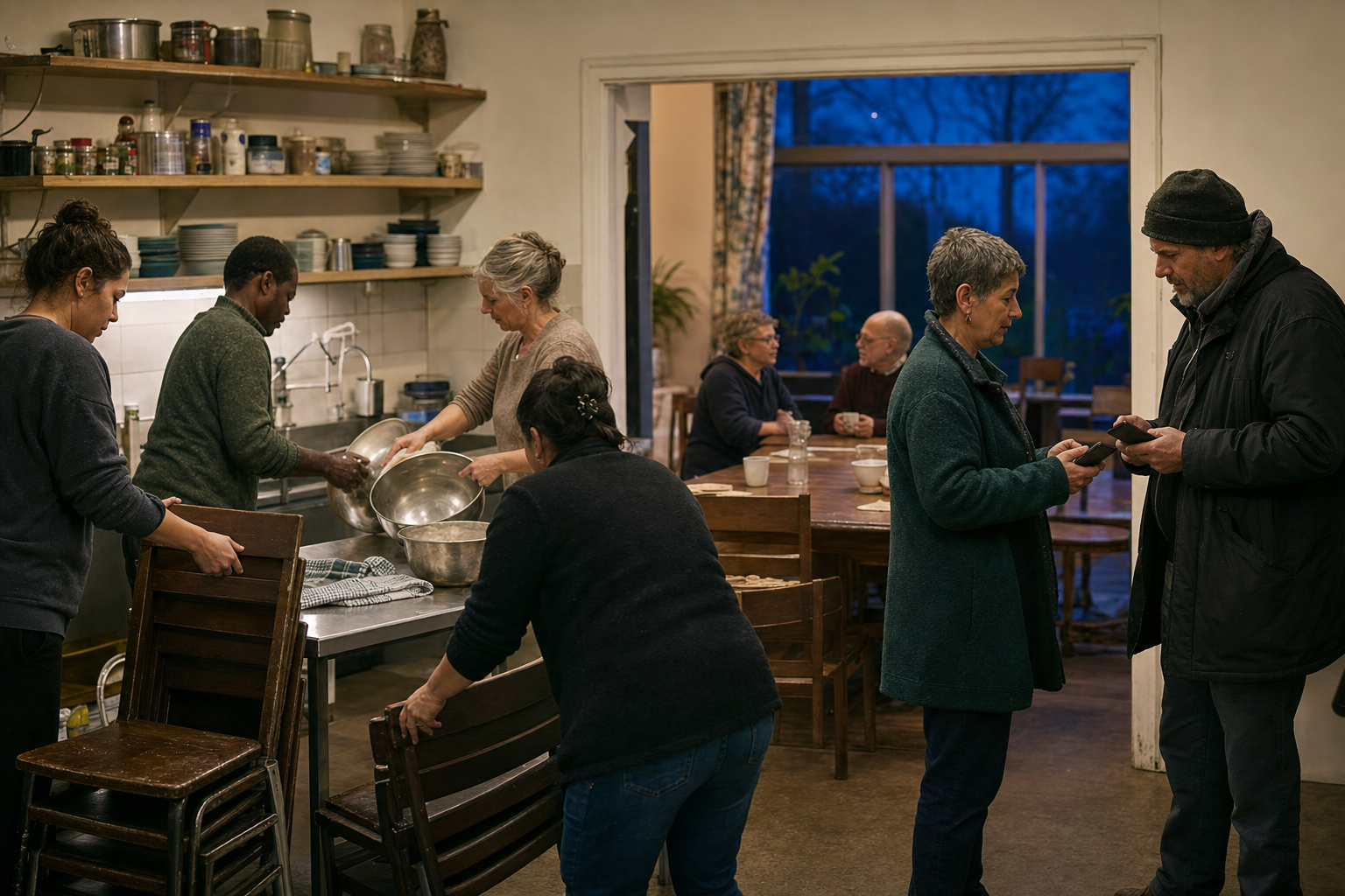 Participants clean dishes together while two guests continue a serious conversation over tea after the meal.
