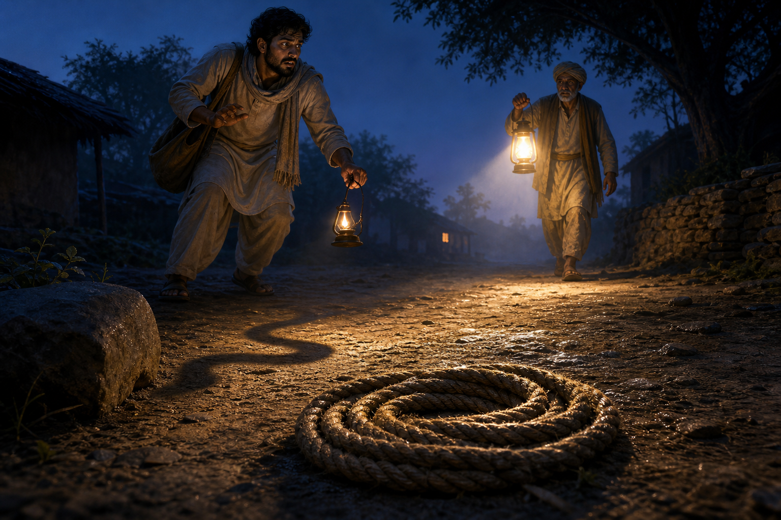 A traveler recoils from a coiled rope whose shadow resembles a snake as another person approaches with a brighter lantern.