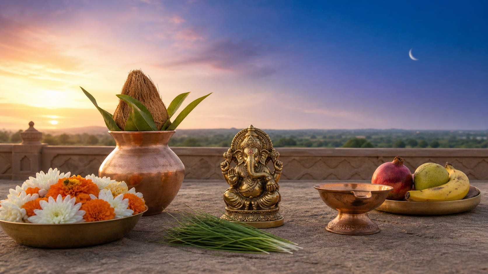 A brass Ganesha murti and traditional puja offerings on a sandstone terrace beneath a sky changing from late afternoon to evening.