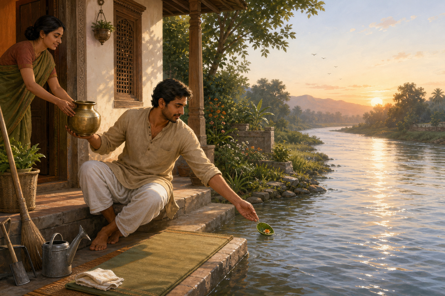 A person passes a water pot to a family member beside a tended home as a leaf floats away on the river.