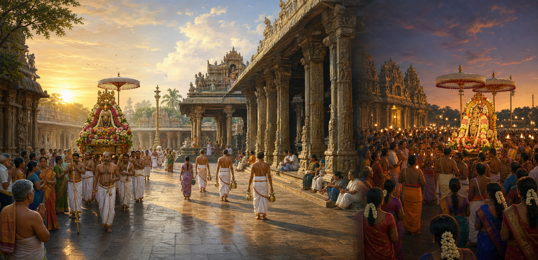 A panoramic scene shows a temple festival progressing from a dawn procession to midday rituals and a lamp-lit evening procession.