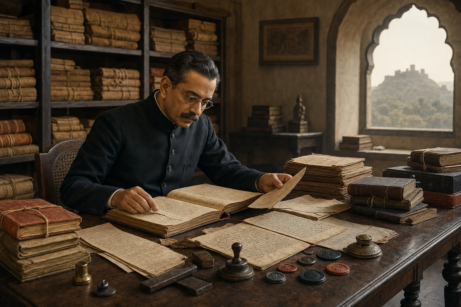 An early twentieth-century Indian historian compares manuscripts and archival papers at a wooden table, with document shelves and a distant hill fort behind him.