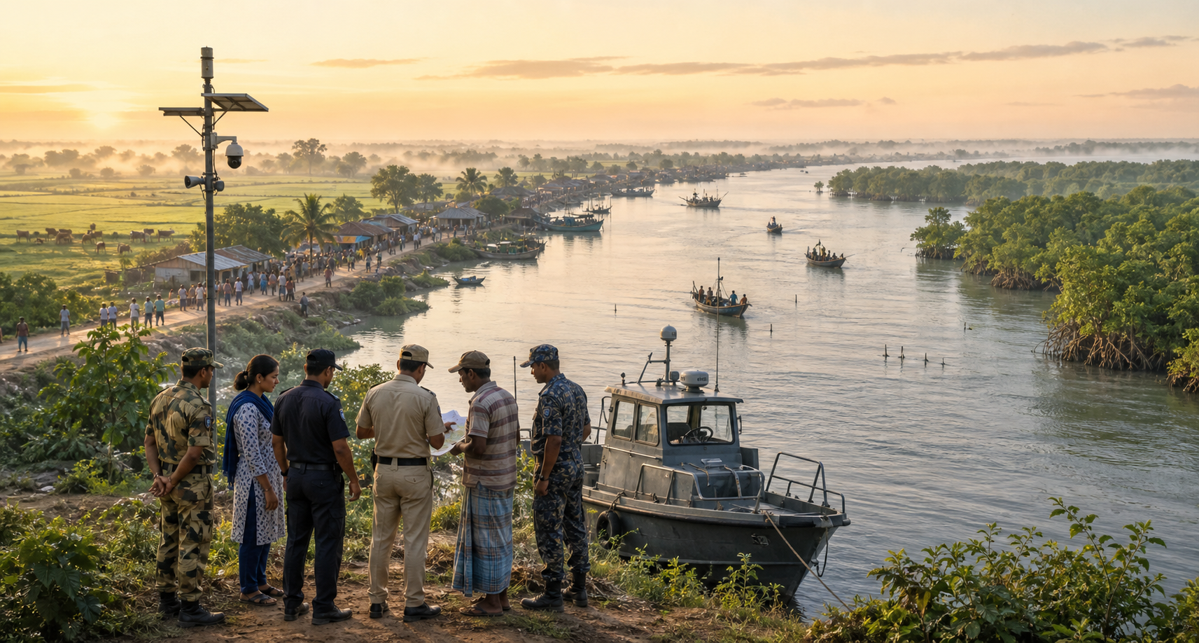 Border officers and local residents survey farmland, a village road, a river and mangrove channels in West Bengal at sunrise.