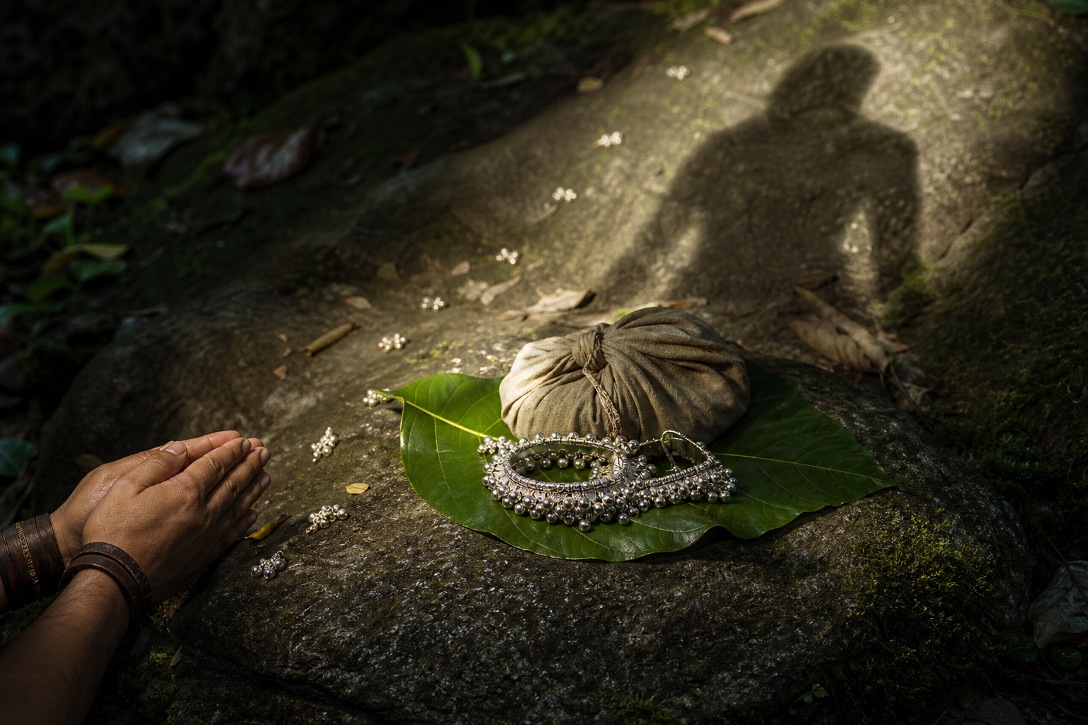 Silver anklets and other ornaments rest on leaves beside Lakshmana's folded hands in a forest setting.