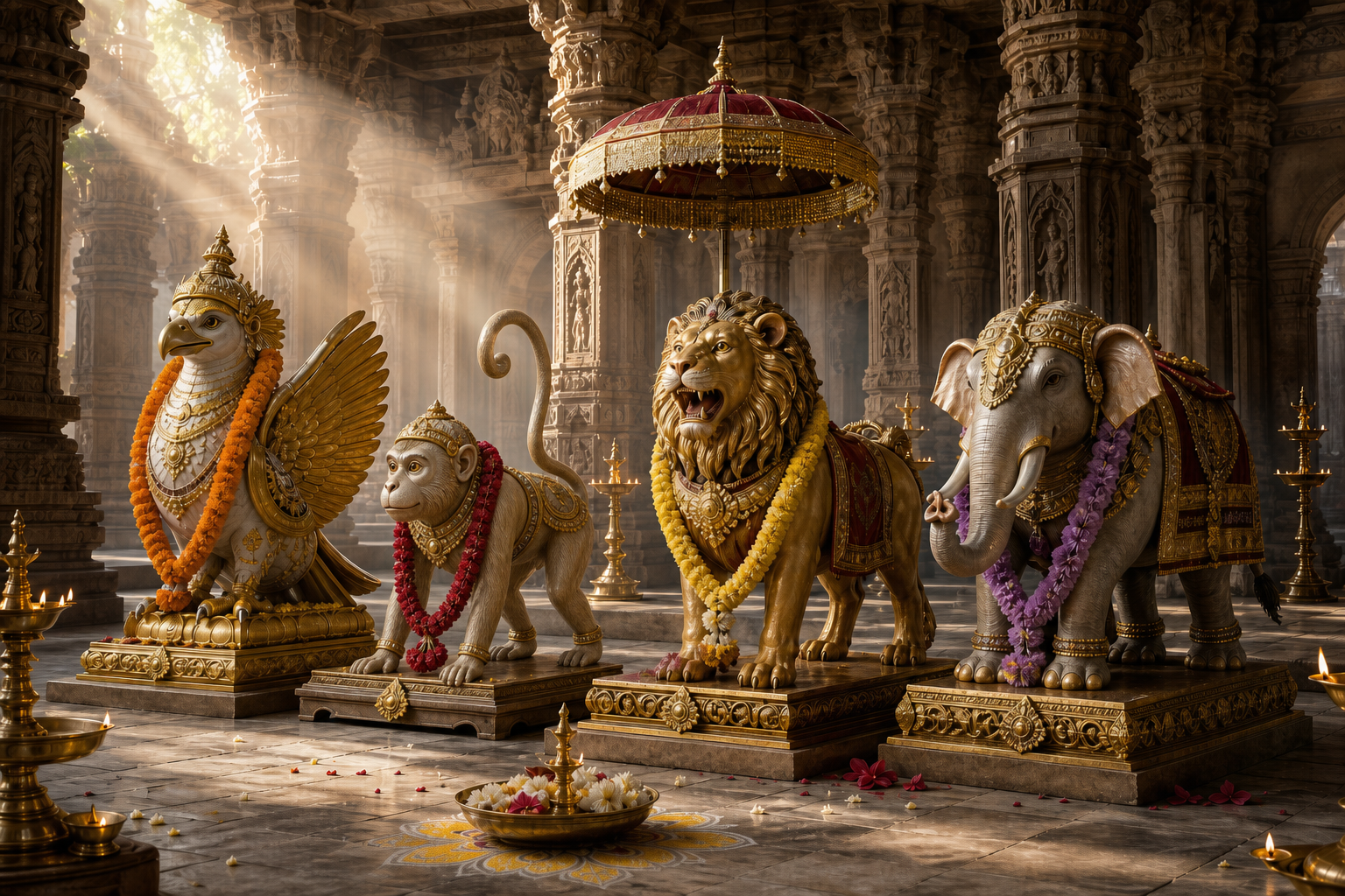 Ceremonial Vahana forms inspired by Garuda, Hanuman, a lion, and an elephant stand decorated with flowers in a pillared temple hall.