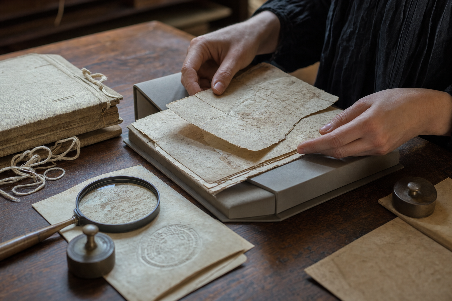 A researcher's hands examine fragile handwritten folios in a conservation cradle beside archival tools and a cloth-wrapped manuscript.
