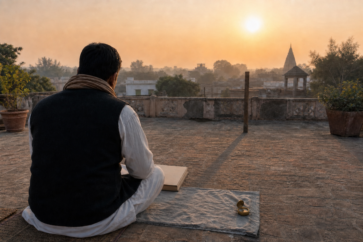A person in a home courtyard observes sunrise and a wooden gnomon's shadow beside an unmarked manuscript and brass compass.