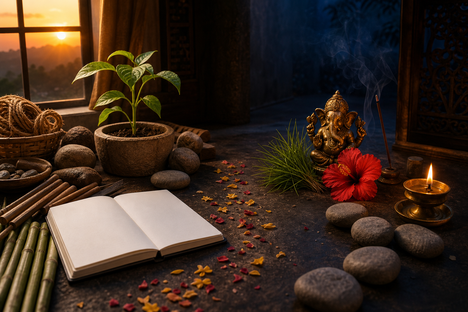 A dusk shrine scene shifts from blank project materials and a sprouting plant to a lamp-lit Ganesha murti beside a cleared path of petals.