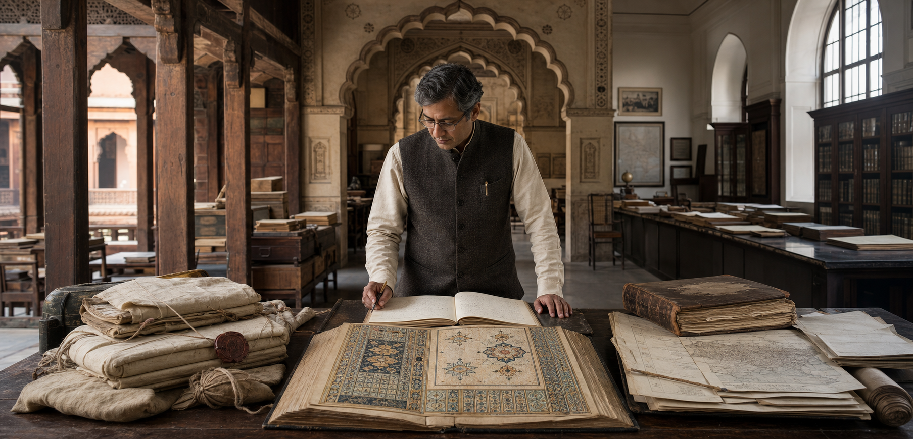A historian compares Maratha, Mughal-era, and British colonial records arranged in three groups across a long archive table.