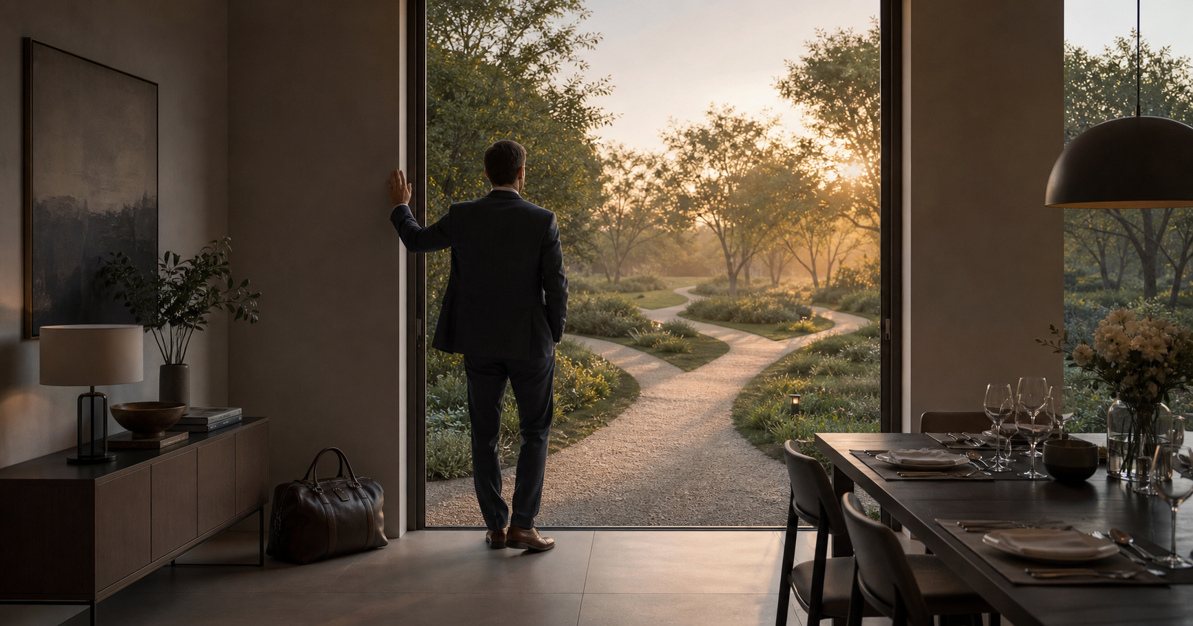 A professionally dressed adult pauses at an open doorway in an orderly home while several garden paths extend into the morning light.