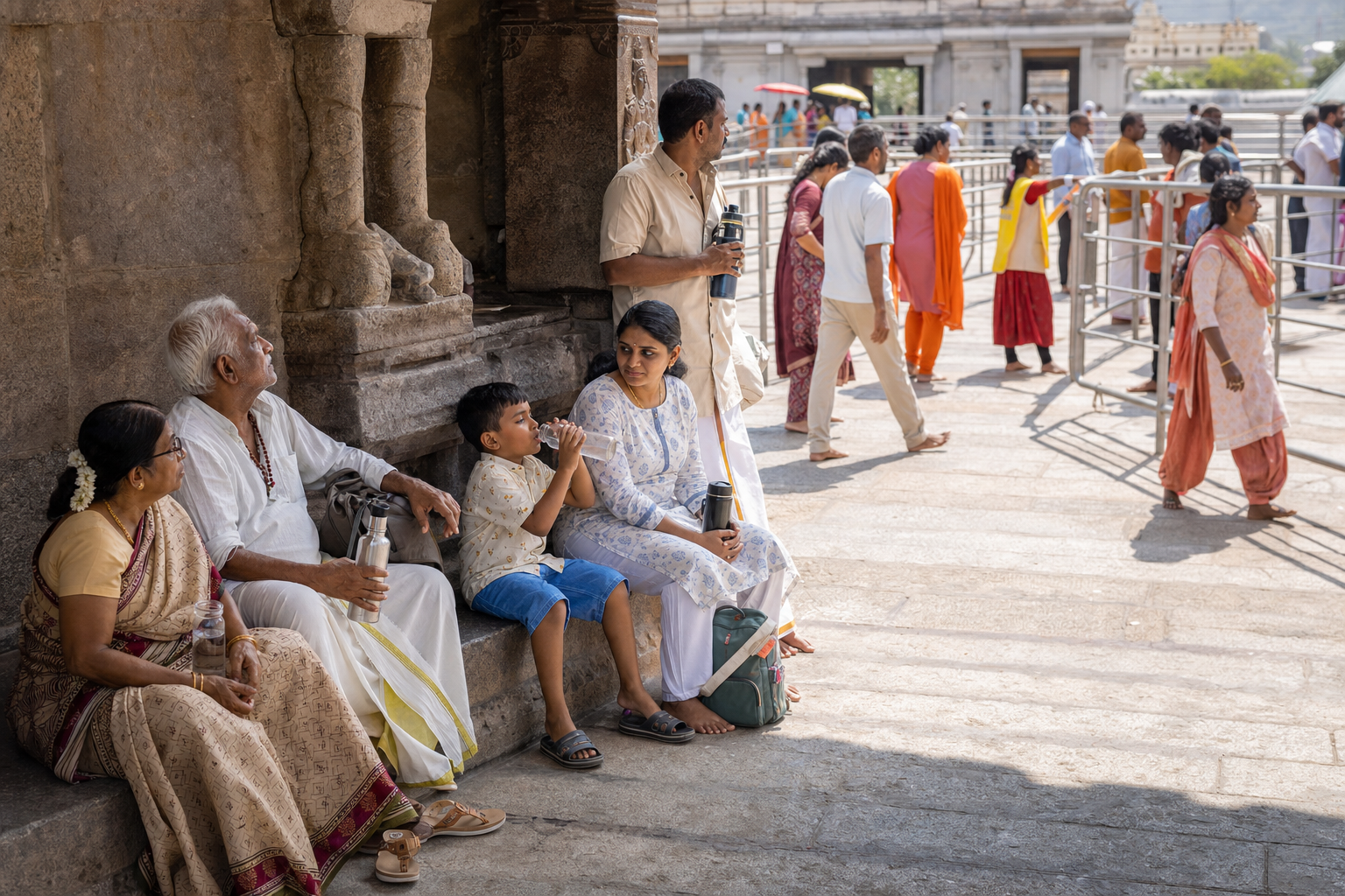 A family rests with water in a shaded temple colonnade while volunteers manage an orderly queue in the sunny courtyard.