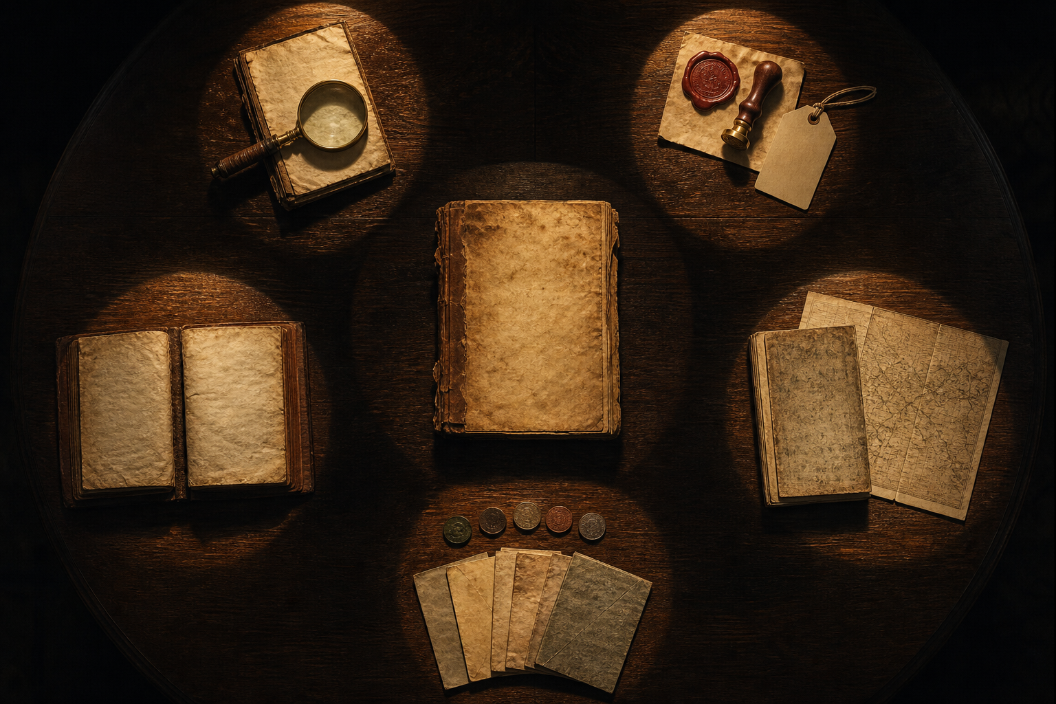 An overhead view of a manuscript surrounded by five evidence stations for examining origin, provenance, variants, corroboration, and chronology.
