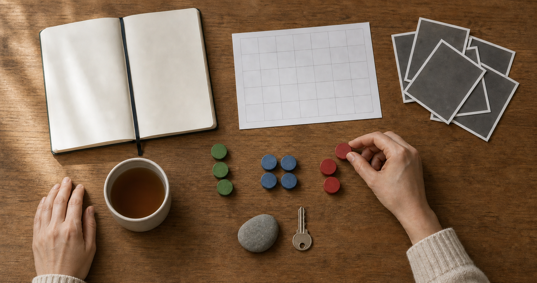 Two hands sort blank notes, colored tokens, a key, and face-down photographs on a wooden table beside a cup of tea.