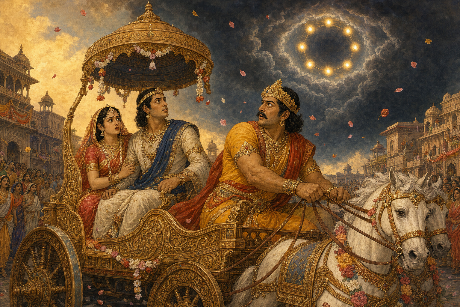 Kamsa turns toward Devaki in alarm on a ceremonial chariot as storm clouds and eight points of light appear overhead.