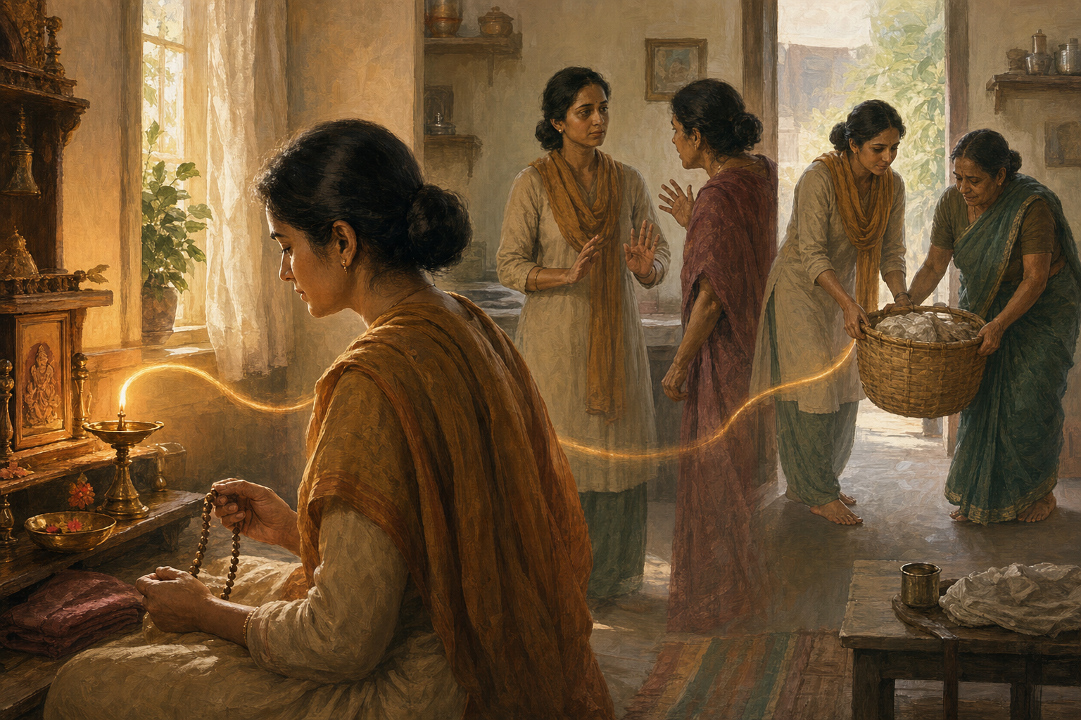 A devotee prays with beads beside an oil lamp at dawn while background scenes show the same person pausing during conflict and helping someone carry a basket.
