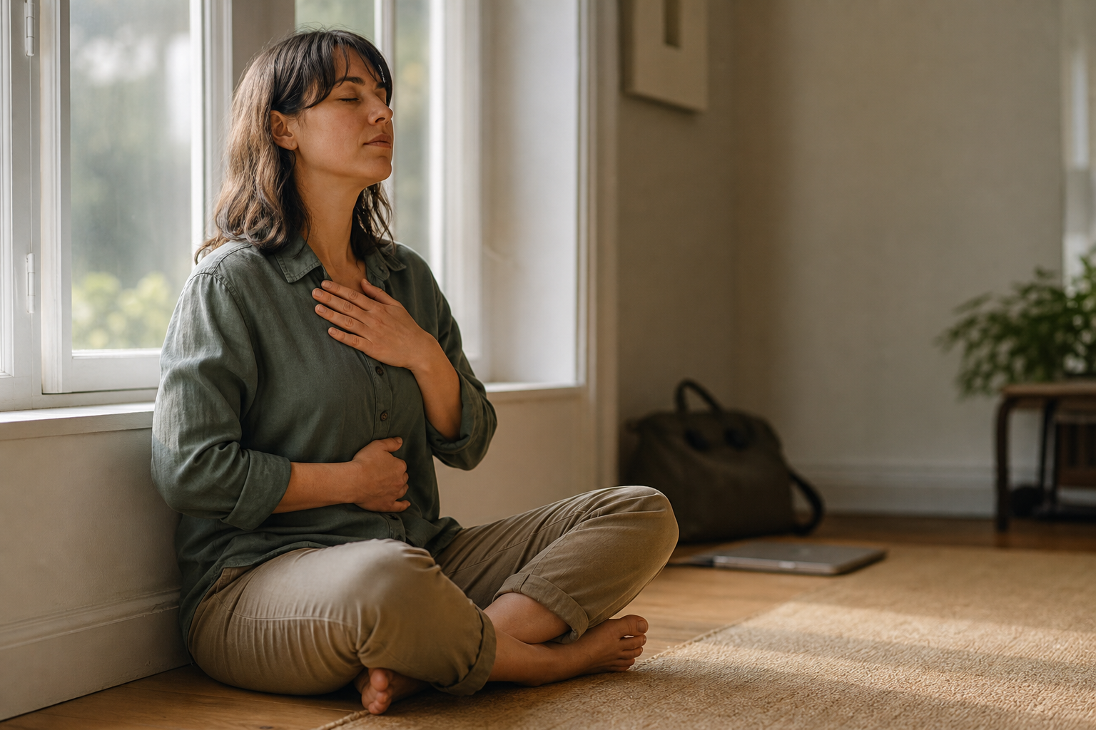 An adult sits upright beside a window with one hand on the chest and one on the abdomen, while a closed laptop and work bag remain in the background.