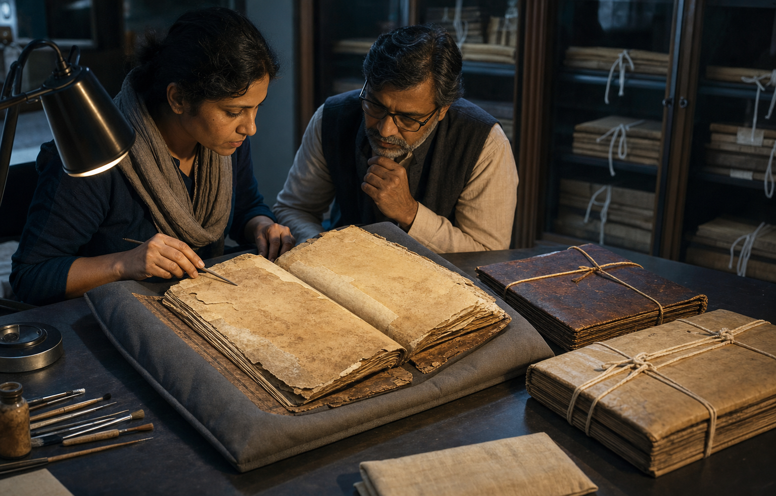 A conservator and historian examine a damaged chronicle beside two differently bound manuscript copies in an archival preservation room.