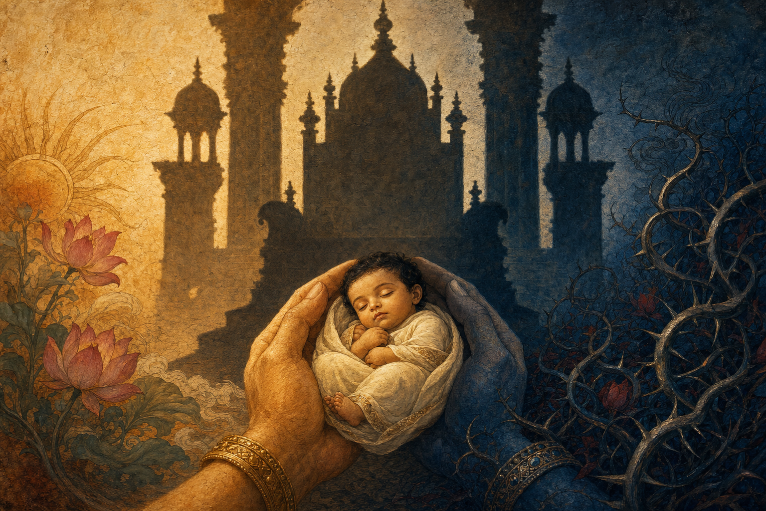 An infant rests in sheltering hands whose shadow changes into the shape of a fortified throne and palace columns.