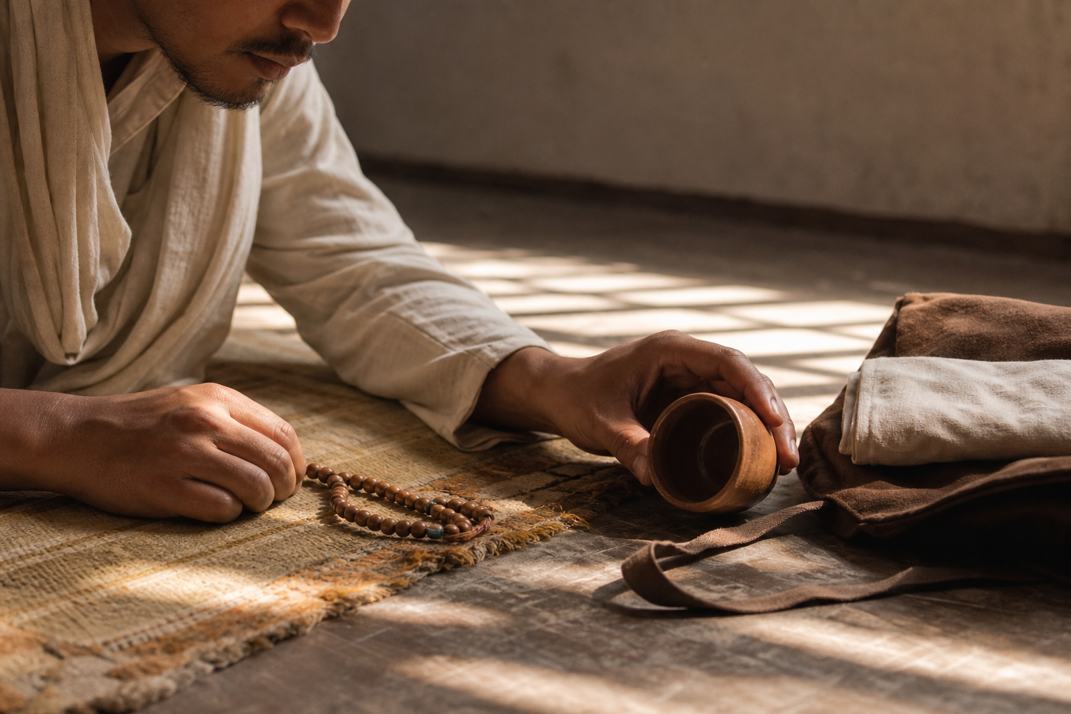 A person beside prayer beads calmly catches a tipping clay cup before it spills onto another person's belongings.