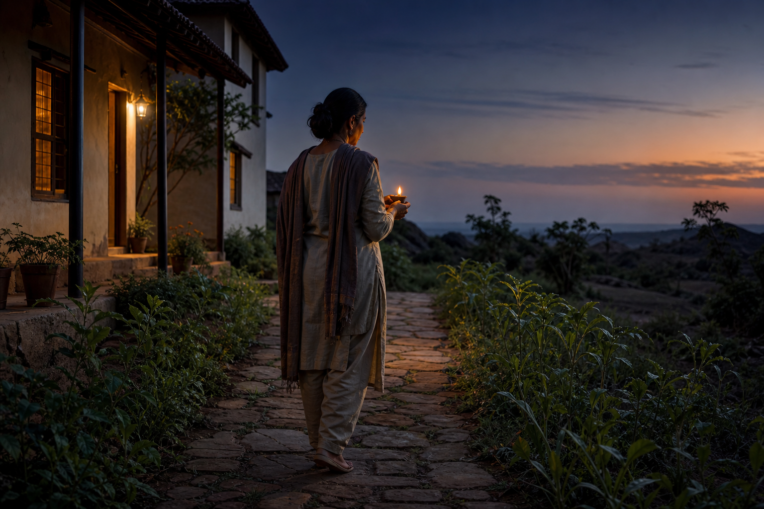 An adult carries a small lit clay lamp along a stone path between a warmly lit home and an open landscape at twilight.