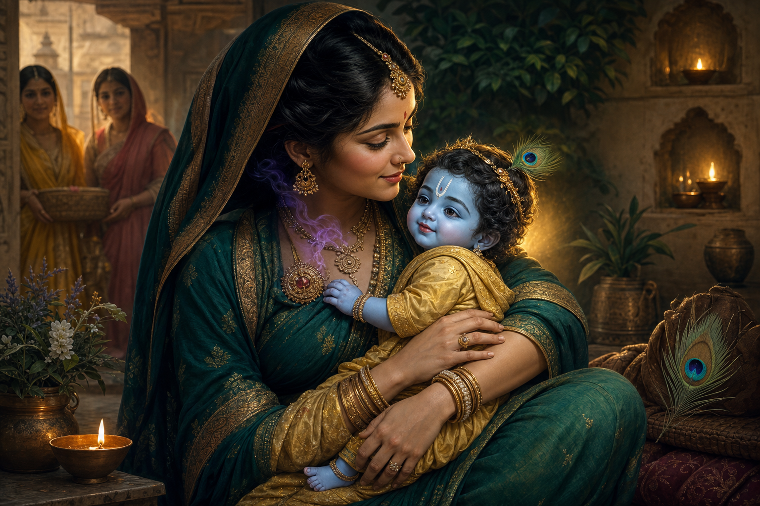 Putana, disguised as an elegant caregiver, kneels beside the calm infant Krishna in a lamplit nursery while a trace of green venom and a clawed shadow reveal concealed danger.
