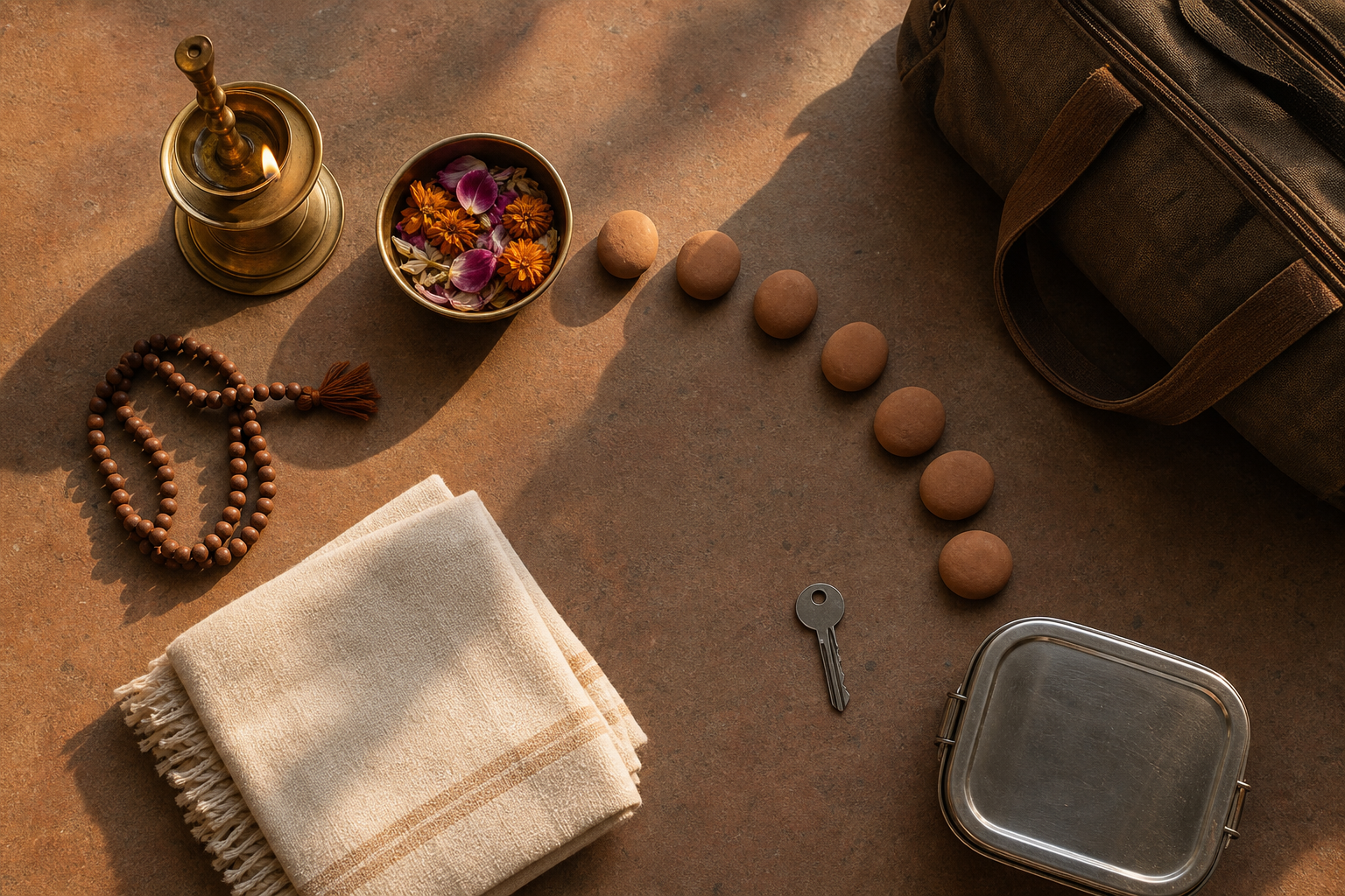 Prayer beads, a brass lamp, flower petals, seven clay pebbles, keys, a lunch container, and a work bag are arranged in an overhead still life.