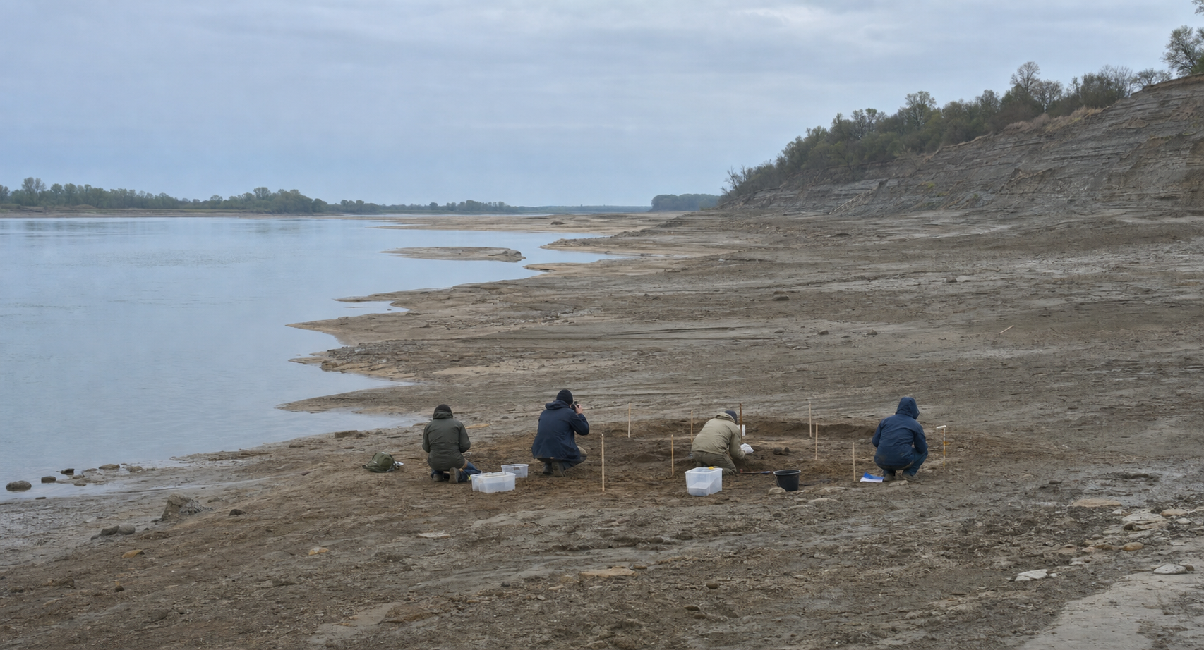 Evidence specialists examine soil and collect samples on an overcast riverbank without exposing human remains.