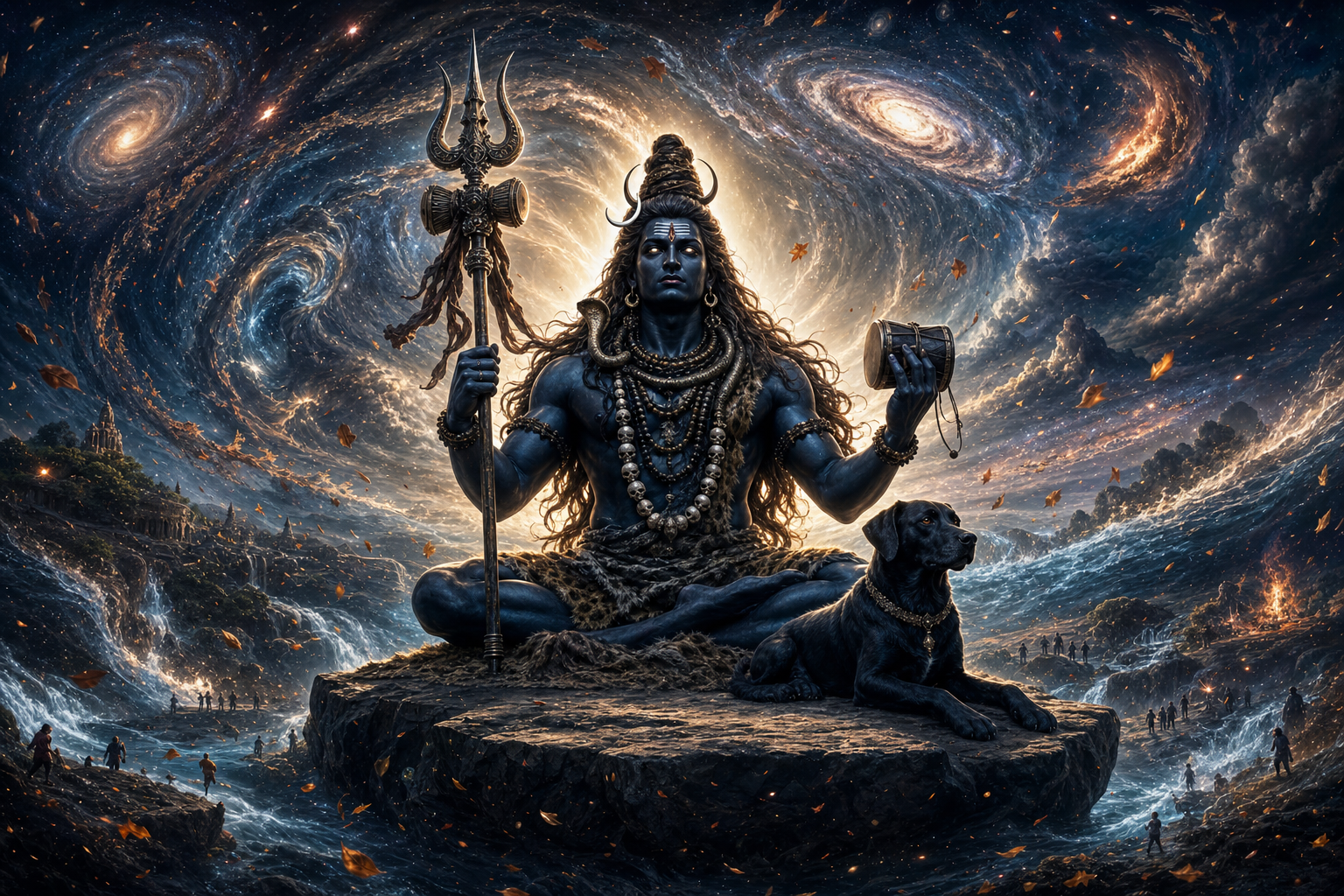 Bhairava sits motionless on a stone with a trident and a black dog as stars, clouds, water, and leaves swirl around him.