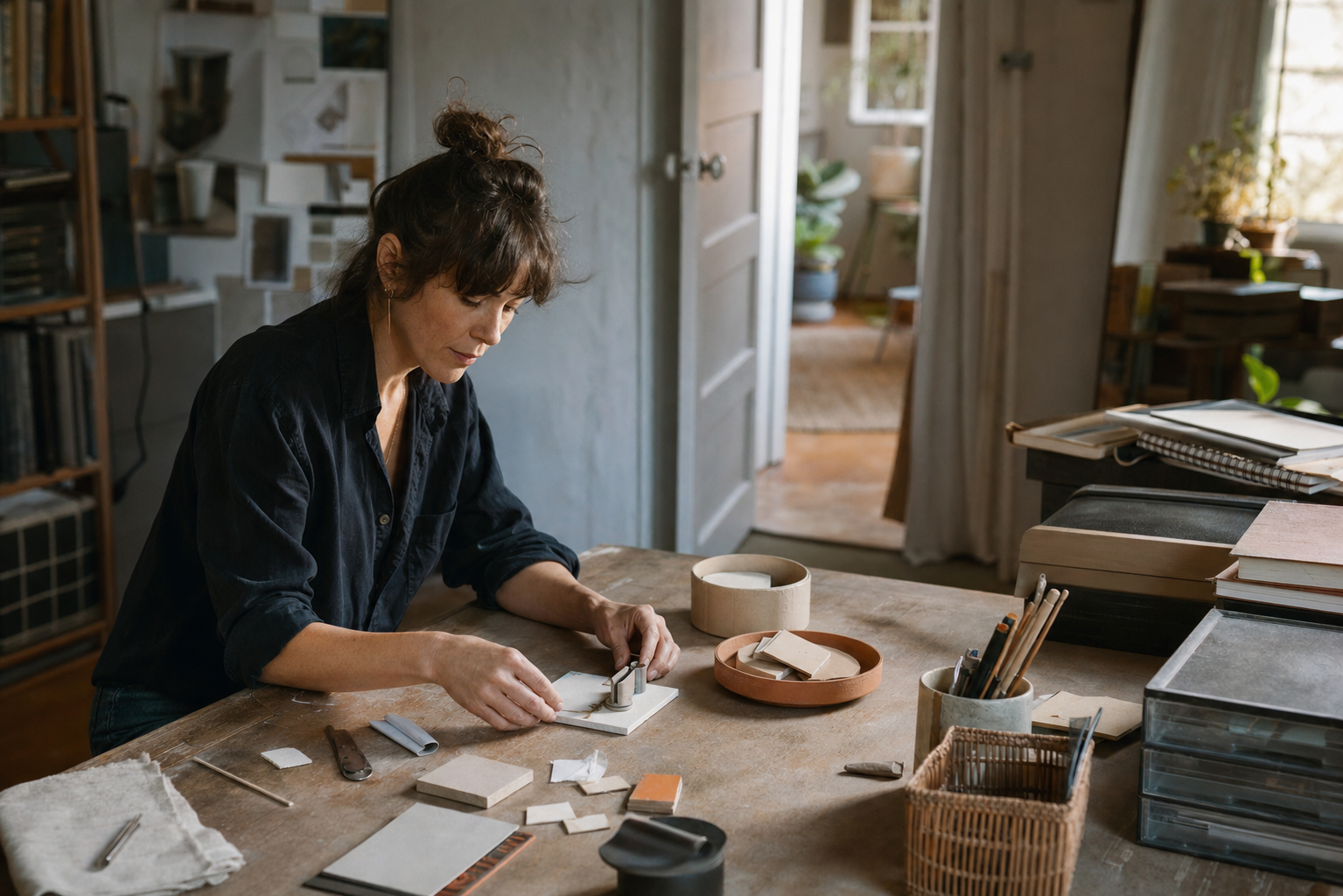 An adult experiments with a small hands-on project at a studio table while their usual work materials remain neatly stored nearby.