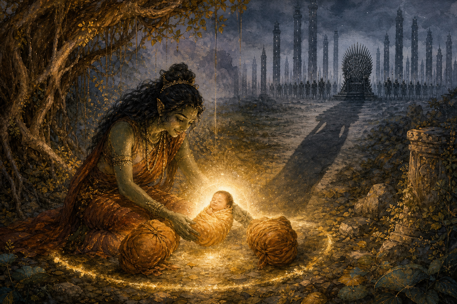 Jara kneels at a forest edge as two glowing swaddled forms merge into one infant, while distant paths lead toward a community on one side and a fortress on the other.