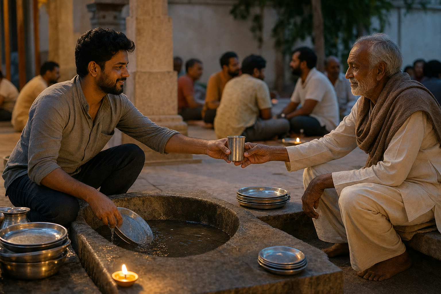 A devotee washing metal plates in a courtyard offers a clean cup to an elderly visitor while other people talk in the background.