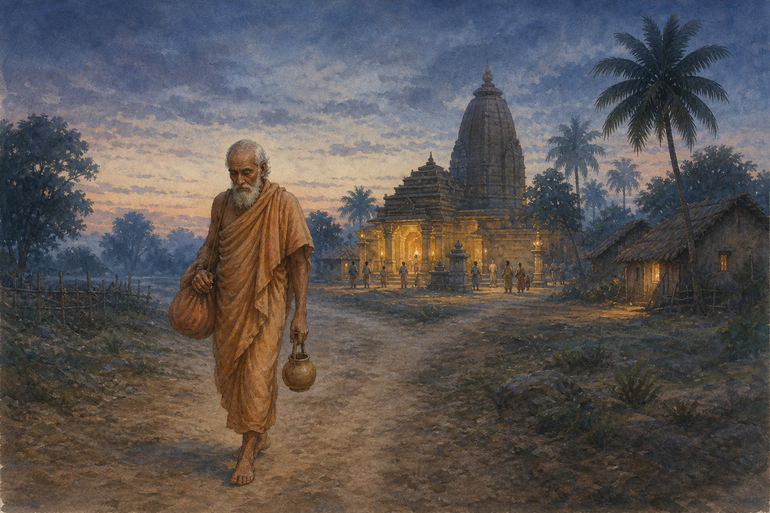 An elderly Vaishnava renunciant walks away from a lamp-lit temple village along a quiet path before sunrise.