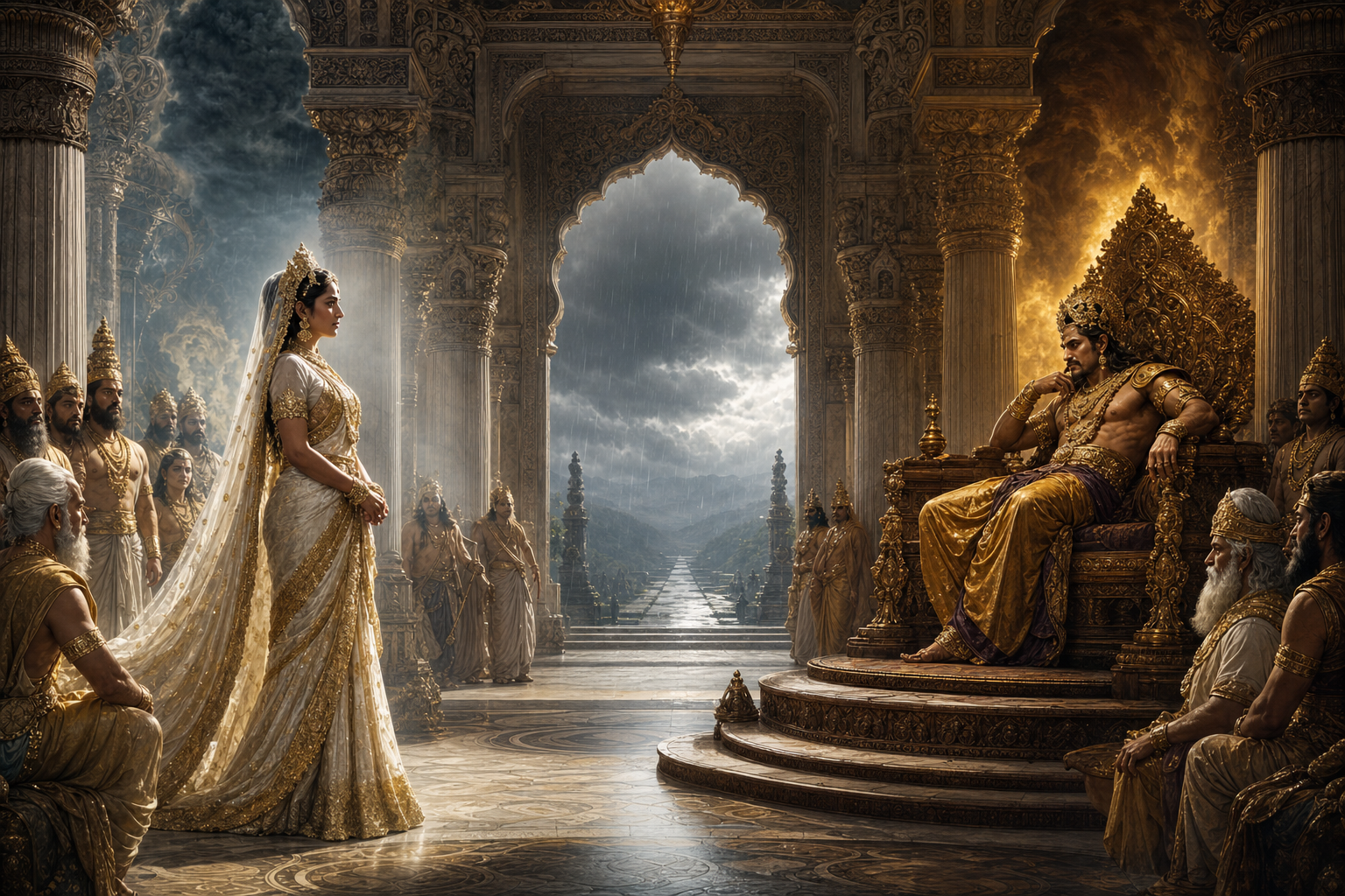 Sachi stands firmly before Nahusha in the celestial court as sages and devas watch the disputed throne.