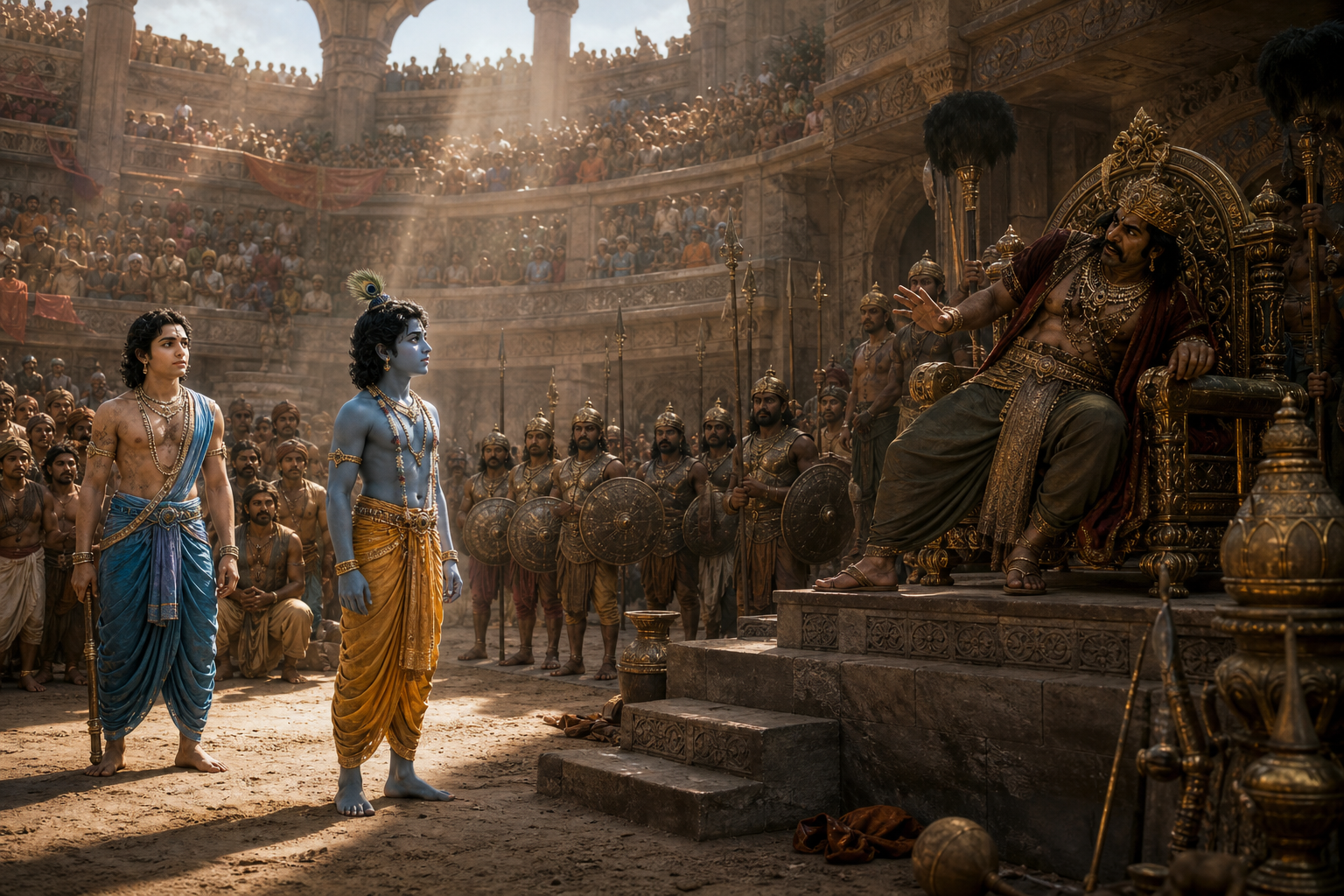 Krishna and Balarama face King Kamsa across a crowded royal wrestling arena in ancient Mathura as guards and spectators watch.