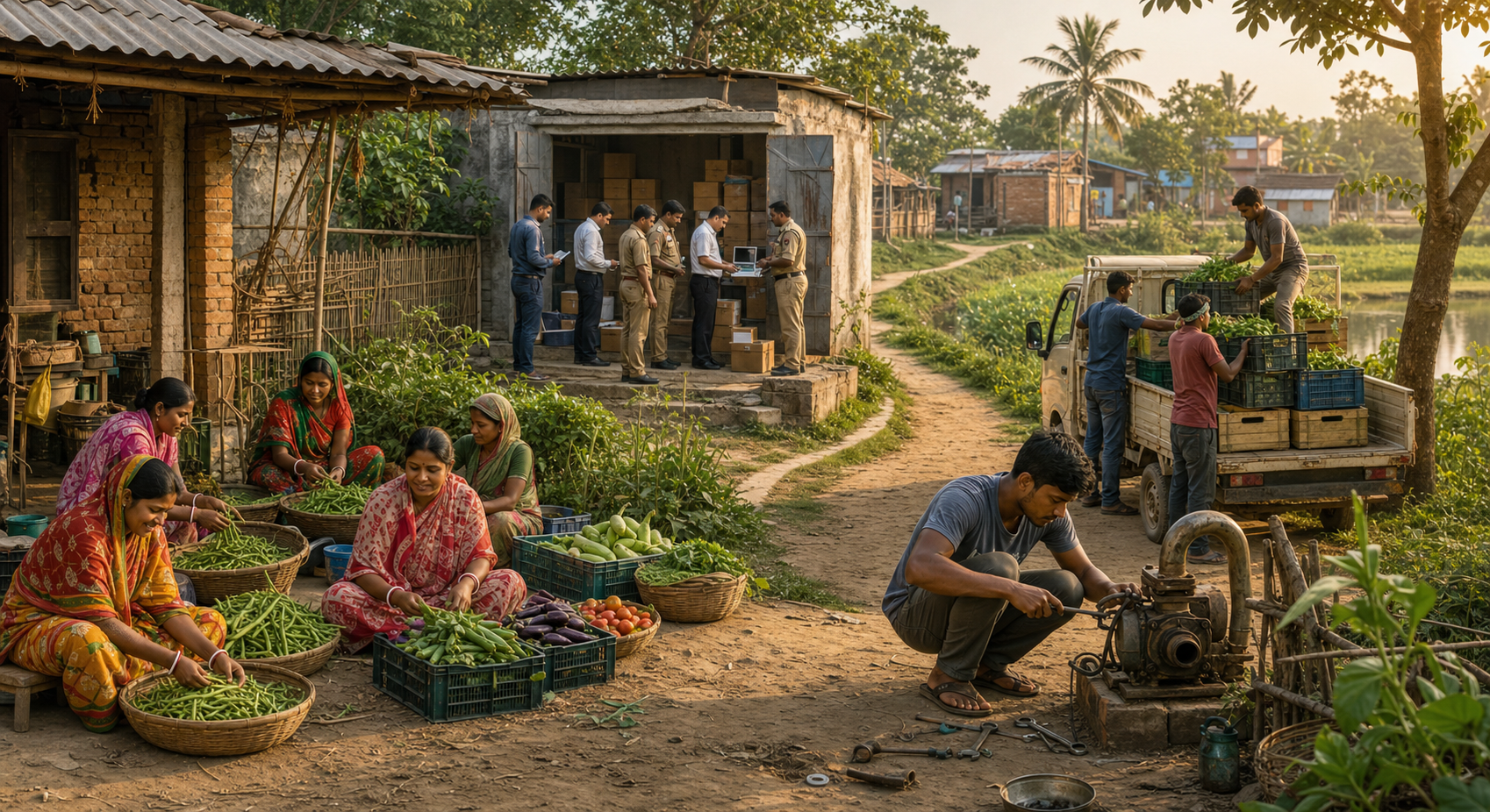 Investigators inspect a concealed storage compound while nearby village residents sort produce, repair equipment, and load lawful goods for delivery.