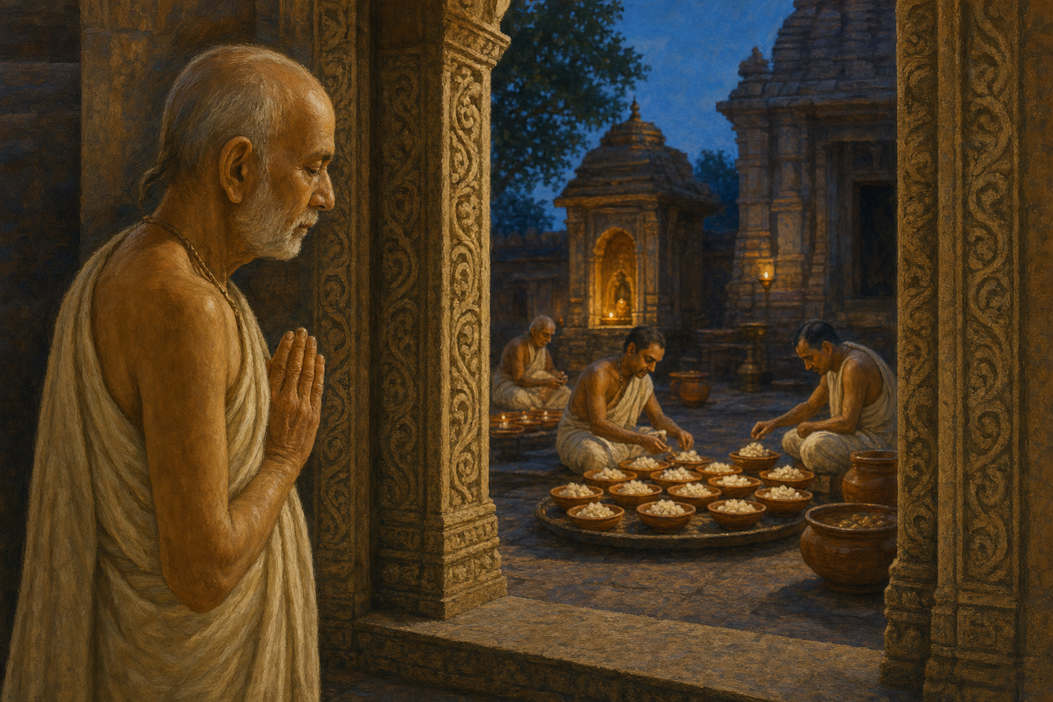 An elderly renunciant watches temple attendants prepare earthen bowls of sweet rice while standing apart with folded hands.