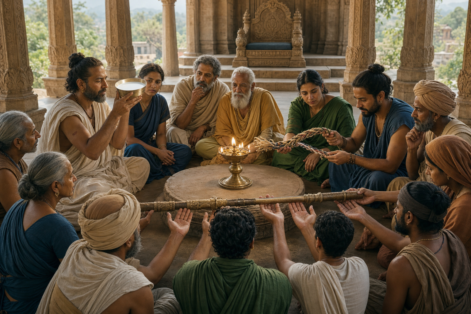 A diverse group in an open assembly hall examines a bowl of milk, a woven cord, and a ceremonial staff around a balanced oil lamp, with an empty throne behind them.