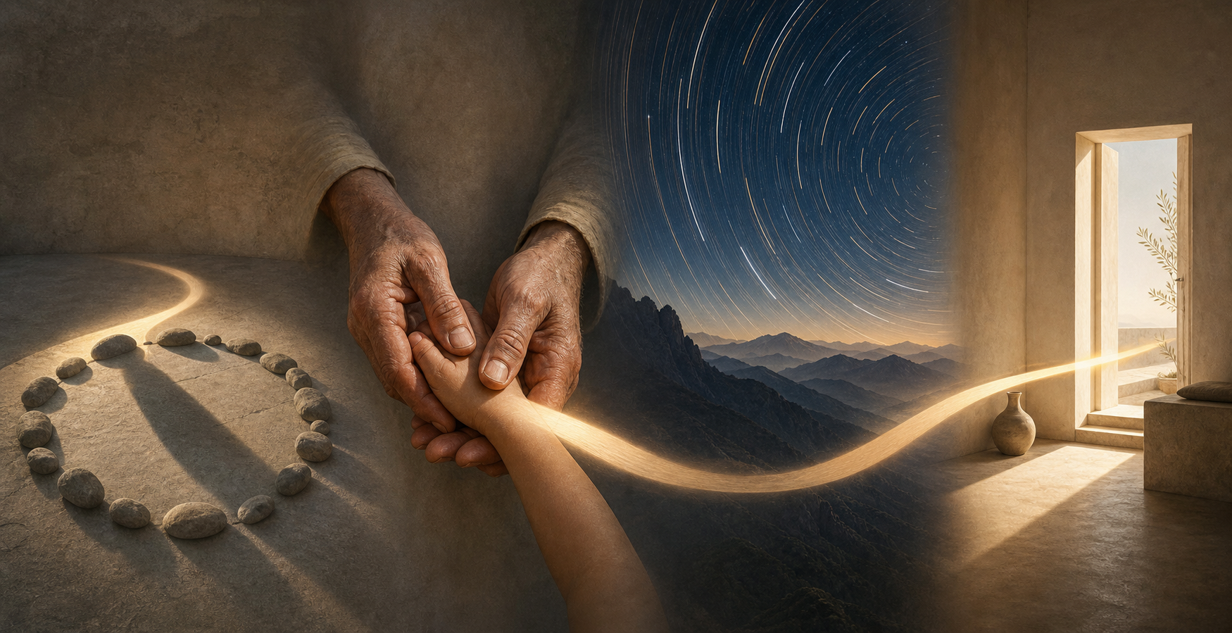 Four connected scenes show a stone shadow circle, intergenerational hands, star paths over mountains, and an open sunlit doorway.