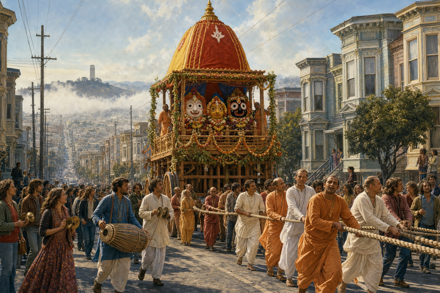 A handmade Jagannath chariot moves through a late-1960s San Francisco street as devotees and local residents walk beside it with ropes, drums, and cymbals.