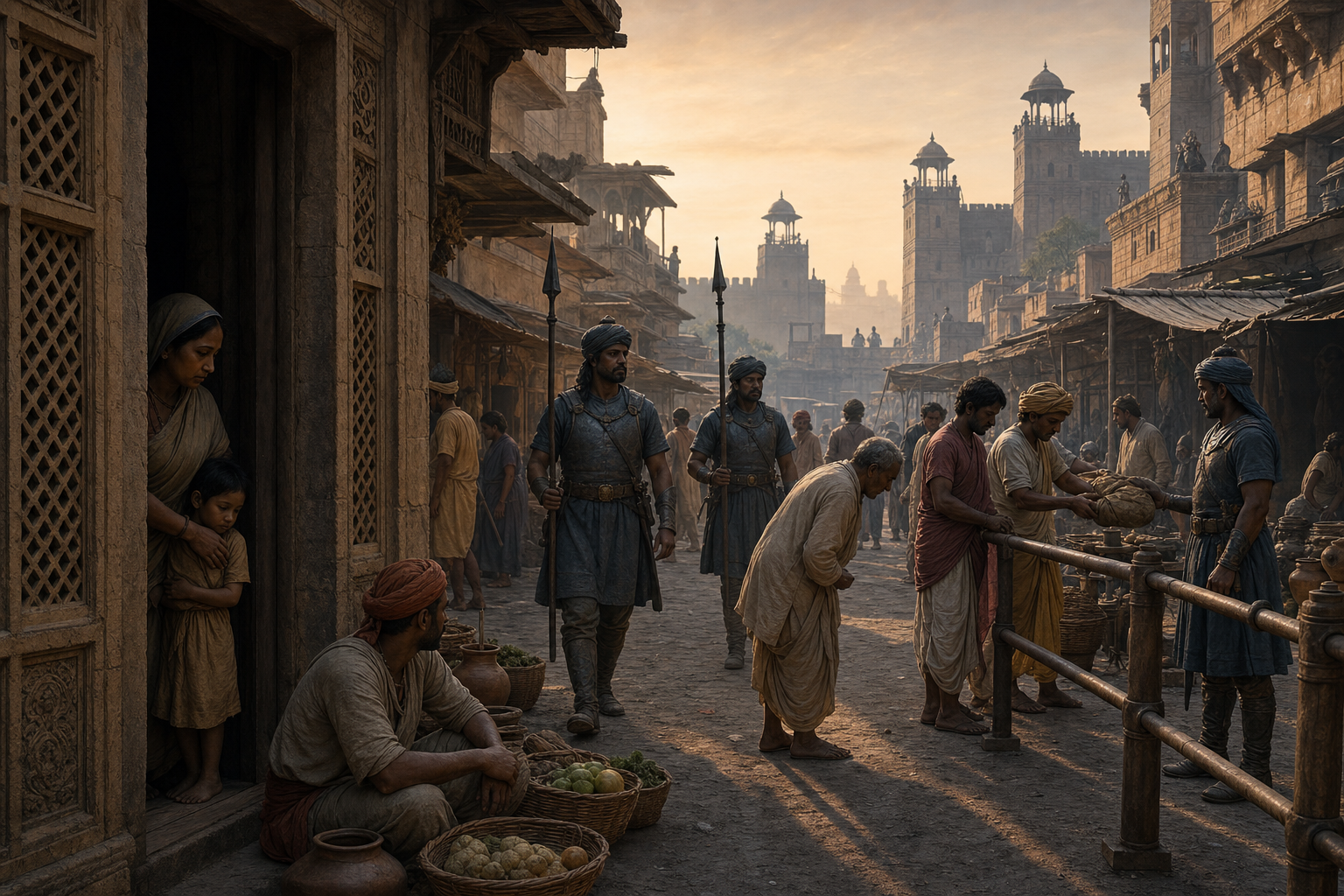 Armed royal guards patrol an ancient Mathura market while residents avert their eyes and a mother shelters her child in a doorway.