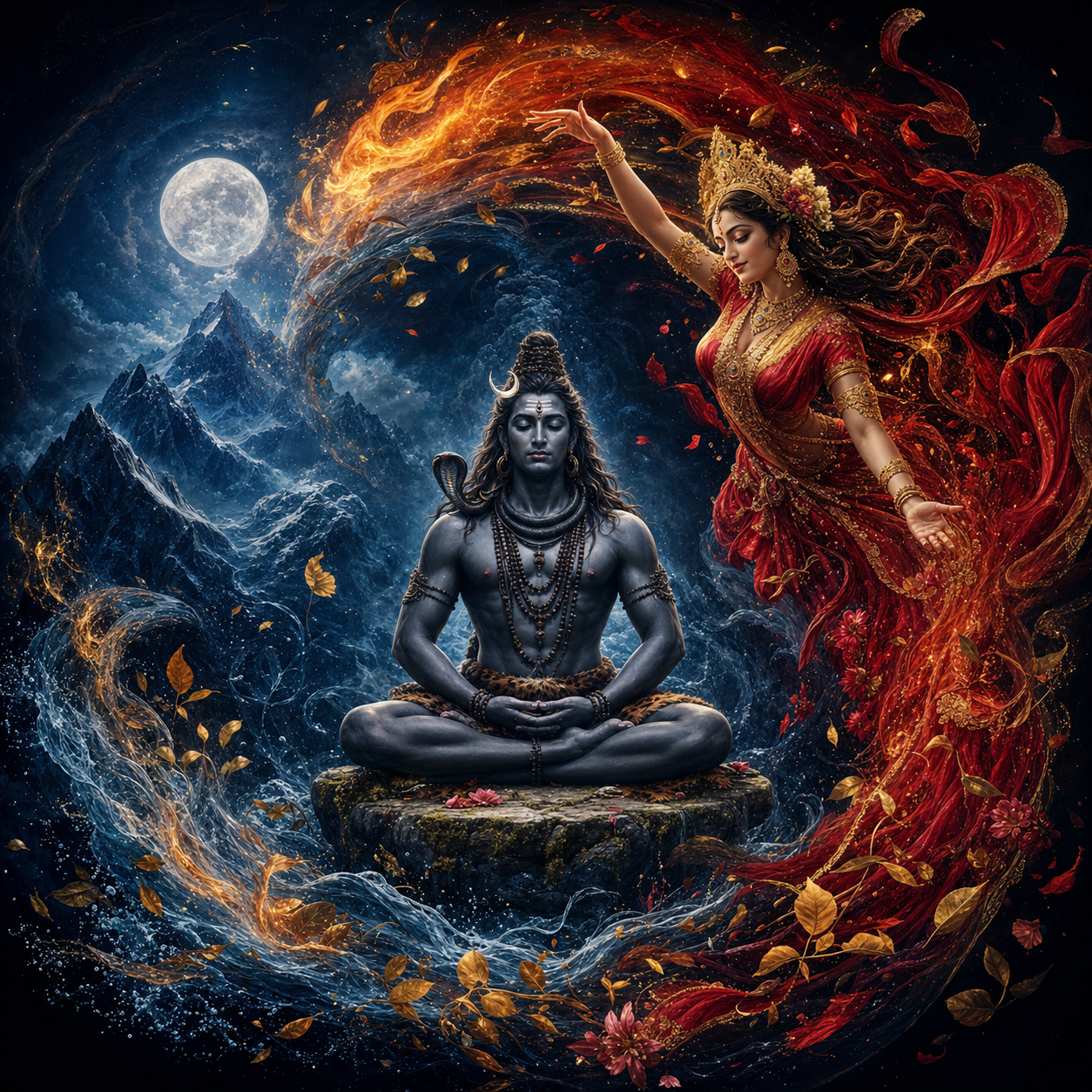 A still seated Bhairava is encircled by a dignified Shakti formed from crimson-gold light, wind, flame, water, and leaves.