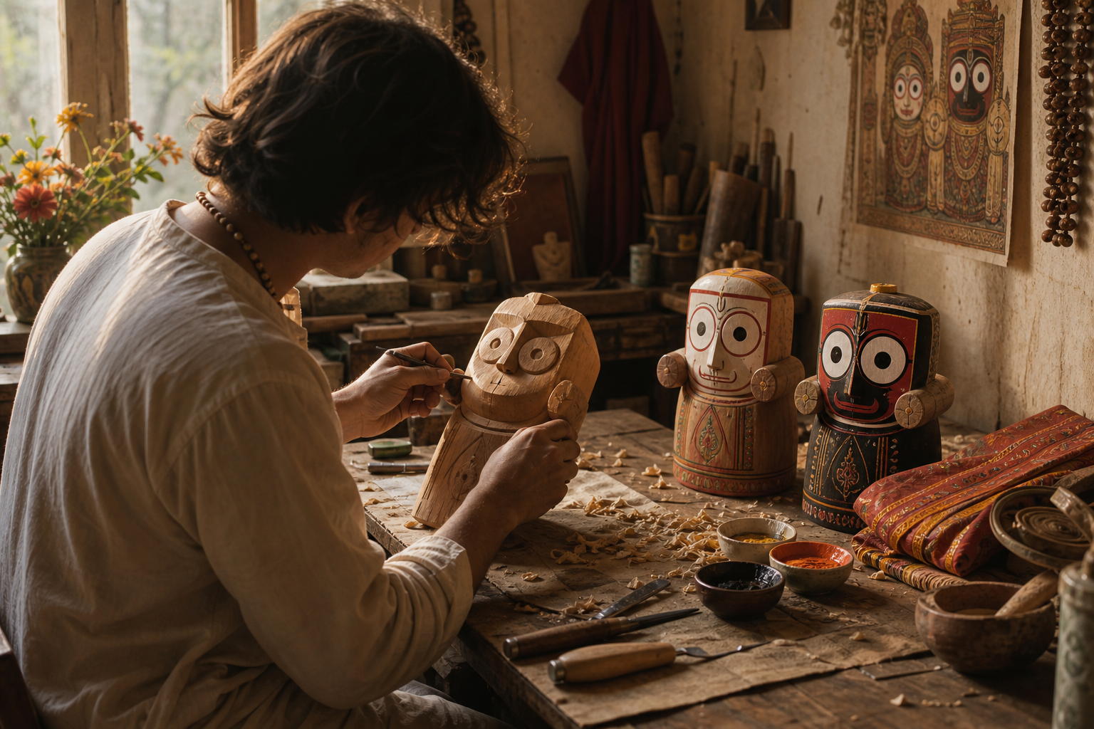 A devotee shapes wooden forms of Jagannath, Baladeva, and Subhadra at a workbench surrounded by hand tools, pigments, and wood shavings.