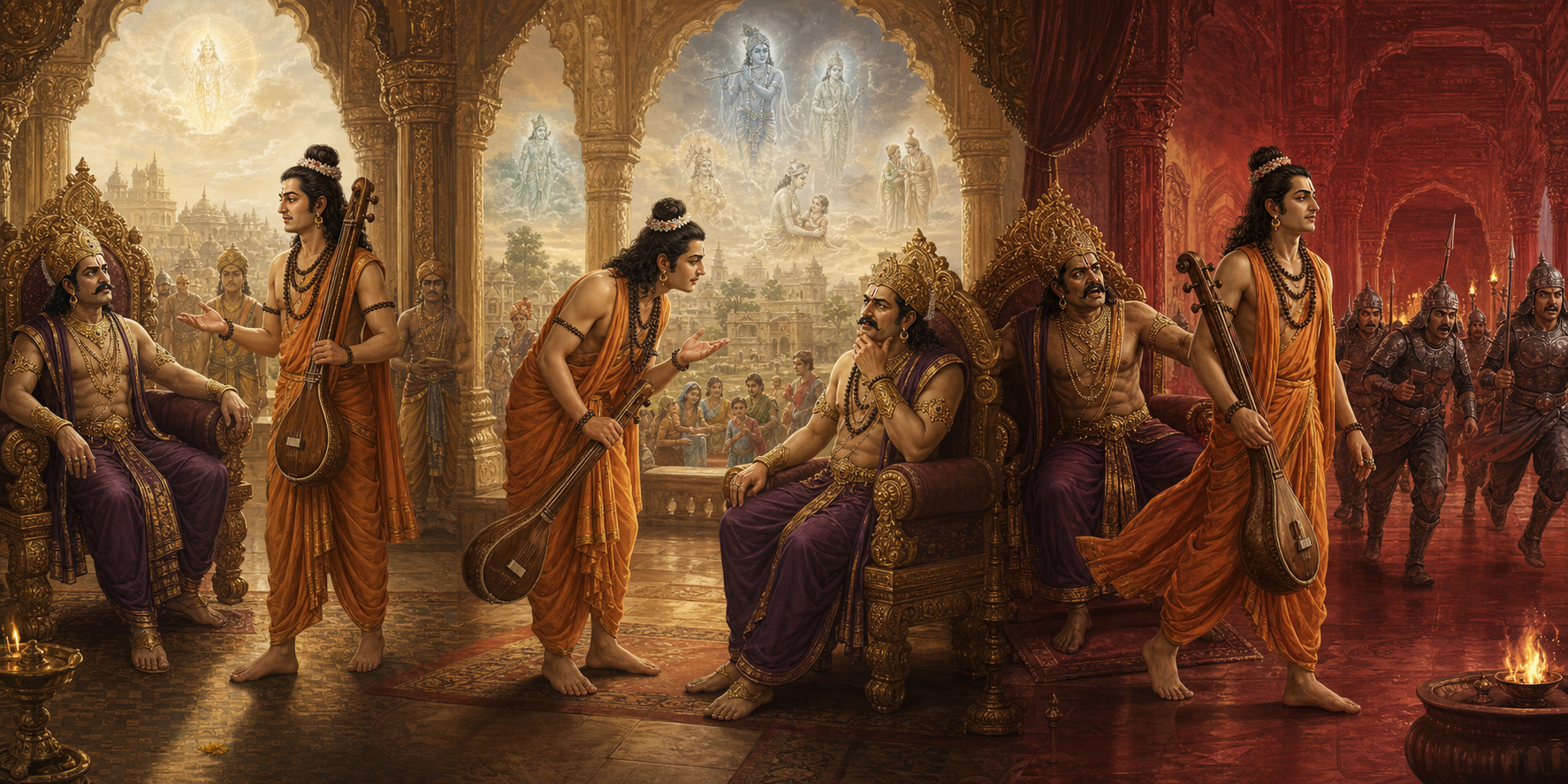 Three connected scenes show Narada acting as messenger, discloser, and catalyst during separate encounters with Kamsa.