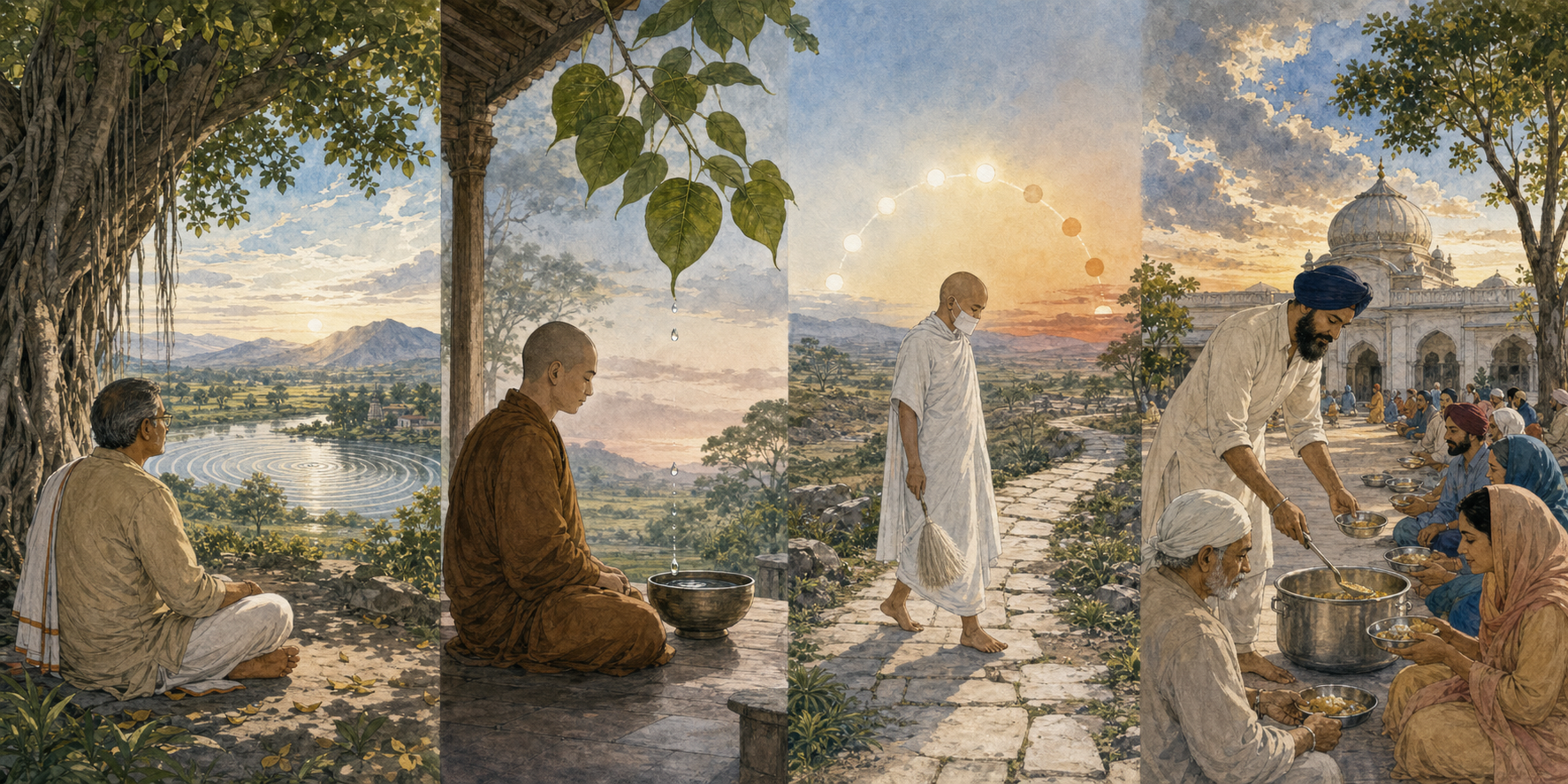 Four adjacent scenes show a Hindu scholar beneath a tree, a Buddhist monastic observing a falling dew drop, a Jain practitioner walking carefully, and a Sikh householder serving a communal meal.