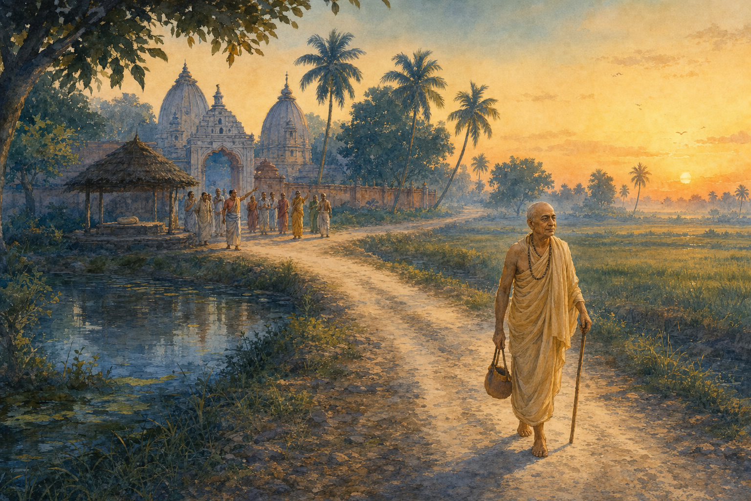 A solitary elderly renunciant leaves an eastern Indian temple village while a small group searches for him in the distance.