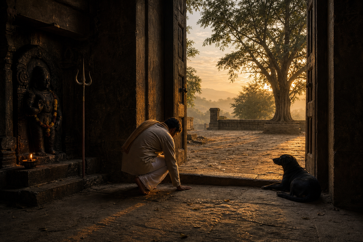 A barefoot devotee touches the earth at a stone temple threshold beside a Bhairava shrine, trident, oil lamp, and black dog at dawn.