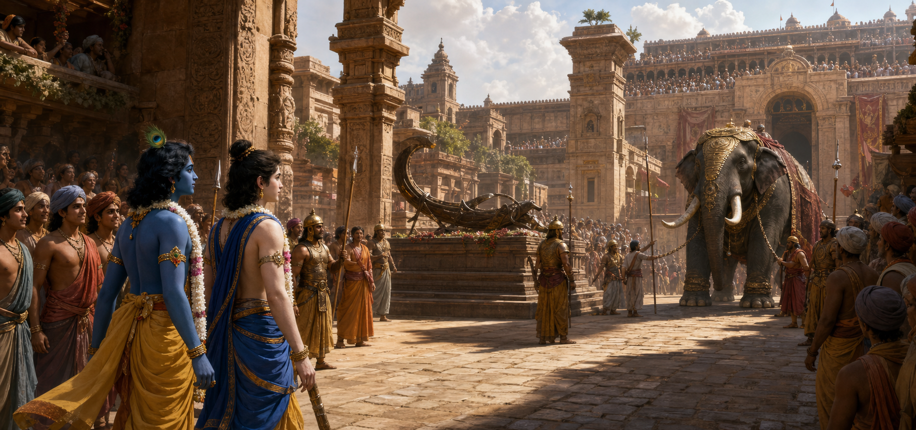 Krishna and Balarama approach the Mathura arena along a guarded avenue with a broken ceremonial bow and a royal elephant blocking the gate.
