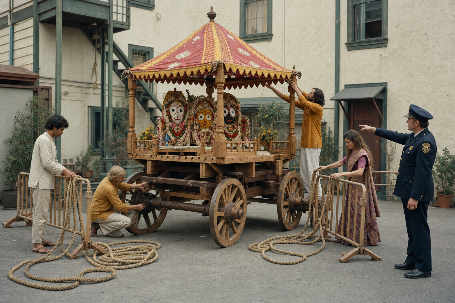 Devotees inspect the wheels, canopy frame, and pulling ropes of a handmade chariot while a municipal official observes the safety preparations.